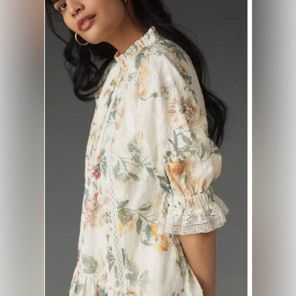 Pilcro Anthropologie Short-Sleeve Mock-Neck Ruffle Mini Floral Dress Small - Picture 3 of 13
